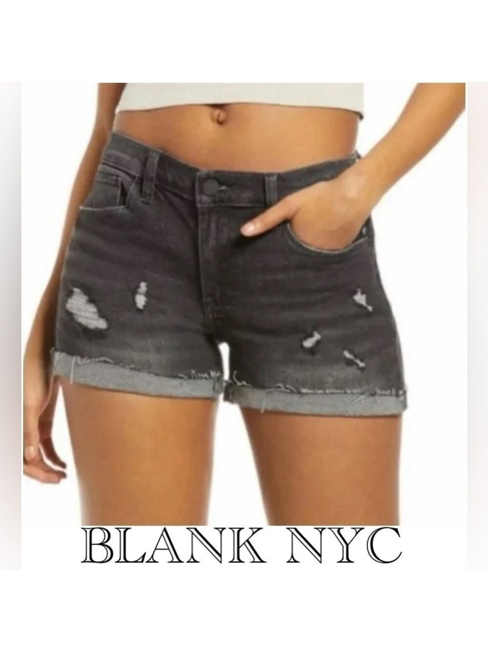 🔥NWT🔥 Blank NYC The Fulton Distressed Black Denim Roll Up Shorts W31